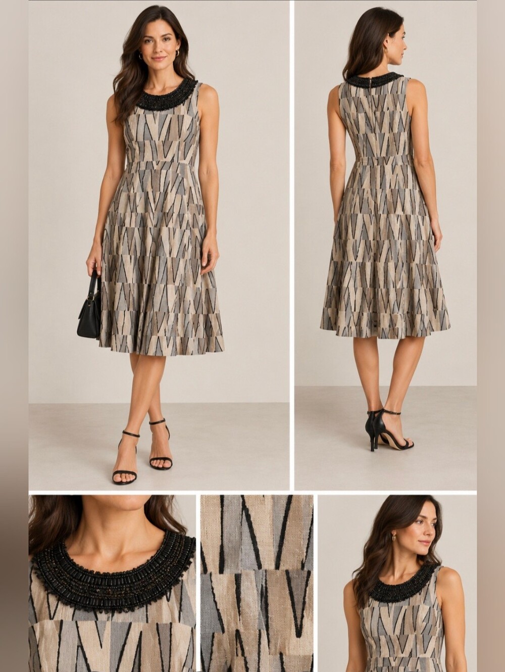 Tracy Reese Beaded Collar Geometric Fit-and-Flare Dress Size Small